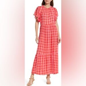 Coral Pink Gingham Maxi Dress with Flutter Sleeves